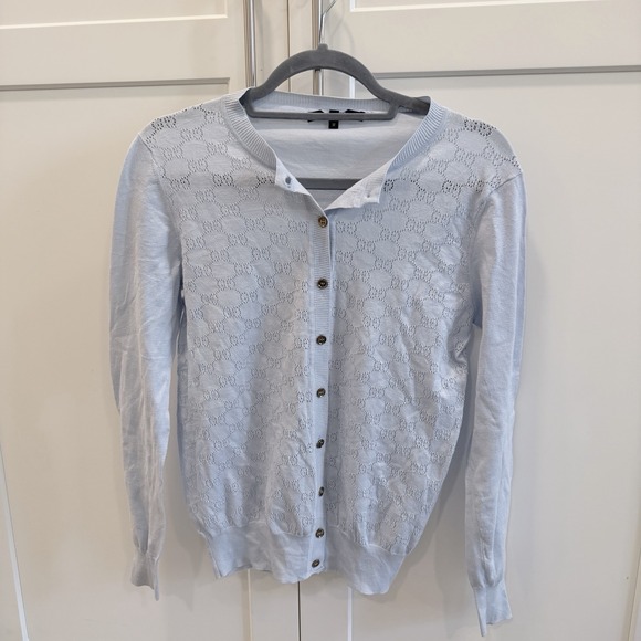 Gucci Sweaters - Gucci Womens M Silk Cotton Pointelle Cardigan Light Blue Gold Logo Buttons Italy